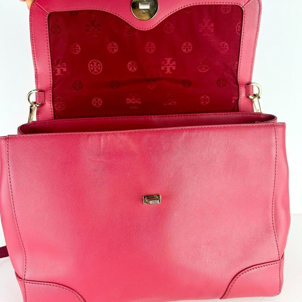 Tory Burch Robinson Leather Top Handle Handbag Purse Flap Pink - Picture 10 of 16